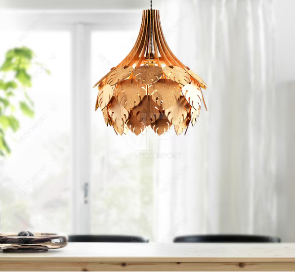 Tropical Leaves Cone Hanging wooden chandelier lamp shade Pendant light template