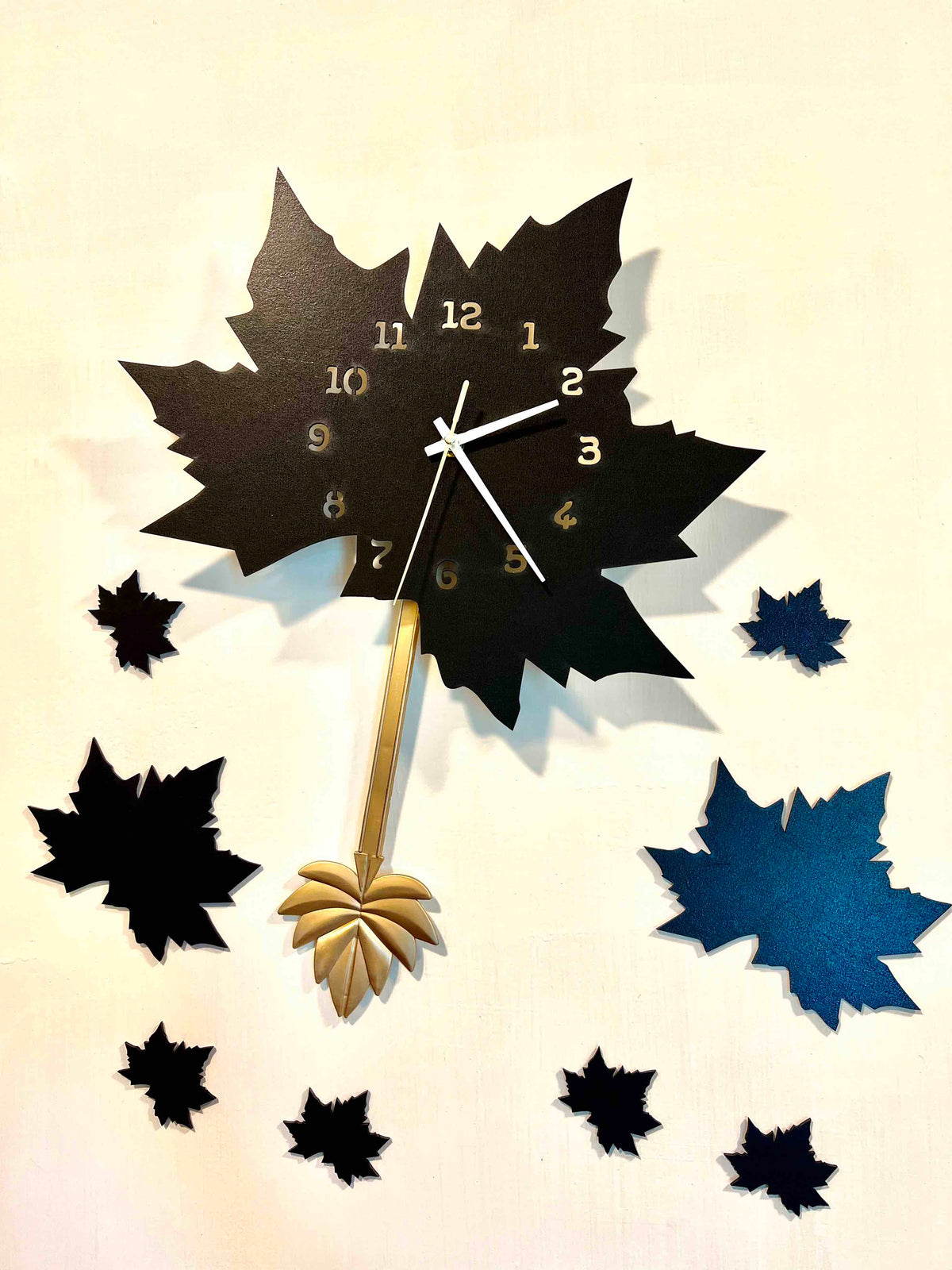 Black Maple Leaf Wall Clock with Pendulum