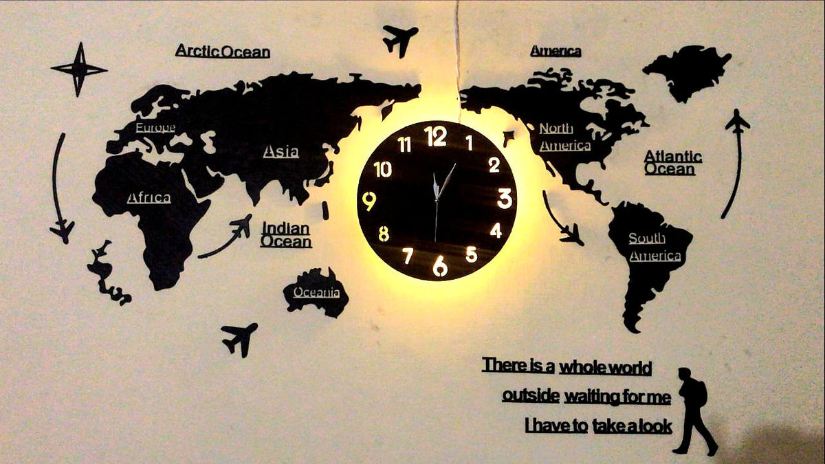 World Map Wall Clock with Rope Light(Large)