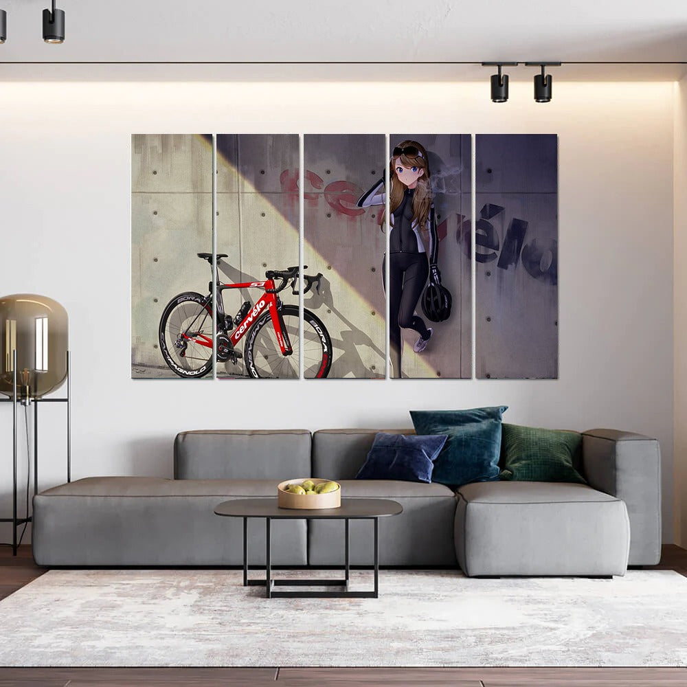 Girl with Cycle(5 Panel) Wall Art