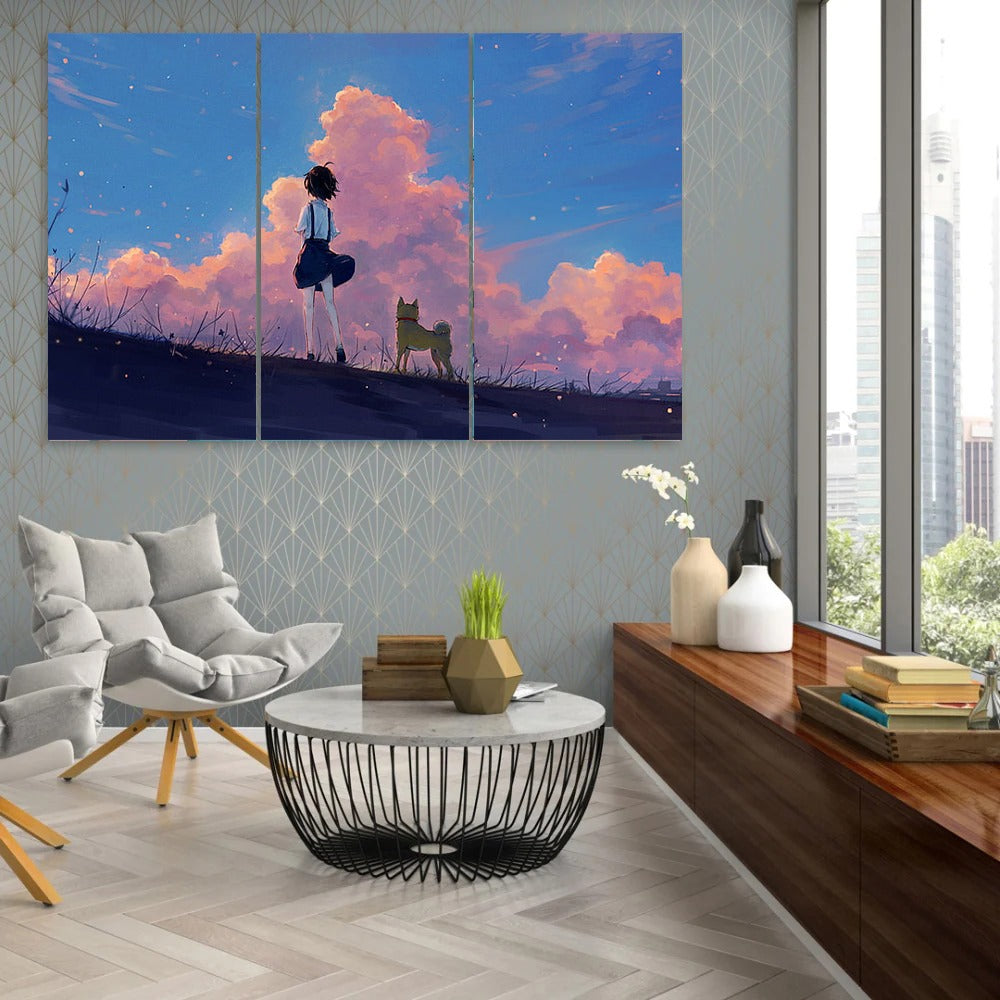 Anime Dusk Girl And Puppy  (3 Panel)  Wall Art